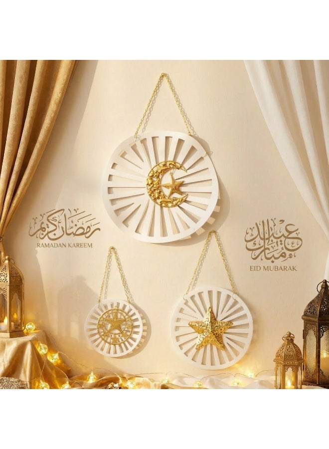 طقم ديكور حائط رمضاني معدن فاخر - 3 قطع (أبيض وذهبي) - تصميم هلال ونجوم مع سلاسل تعليق. - Image 2
